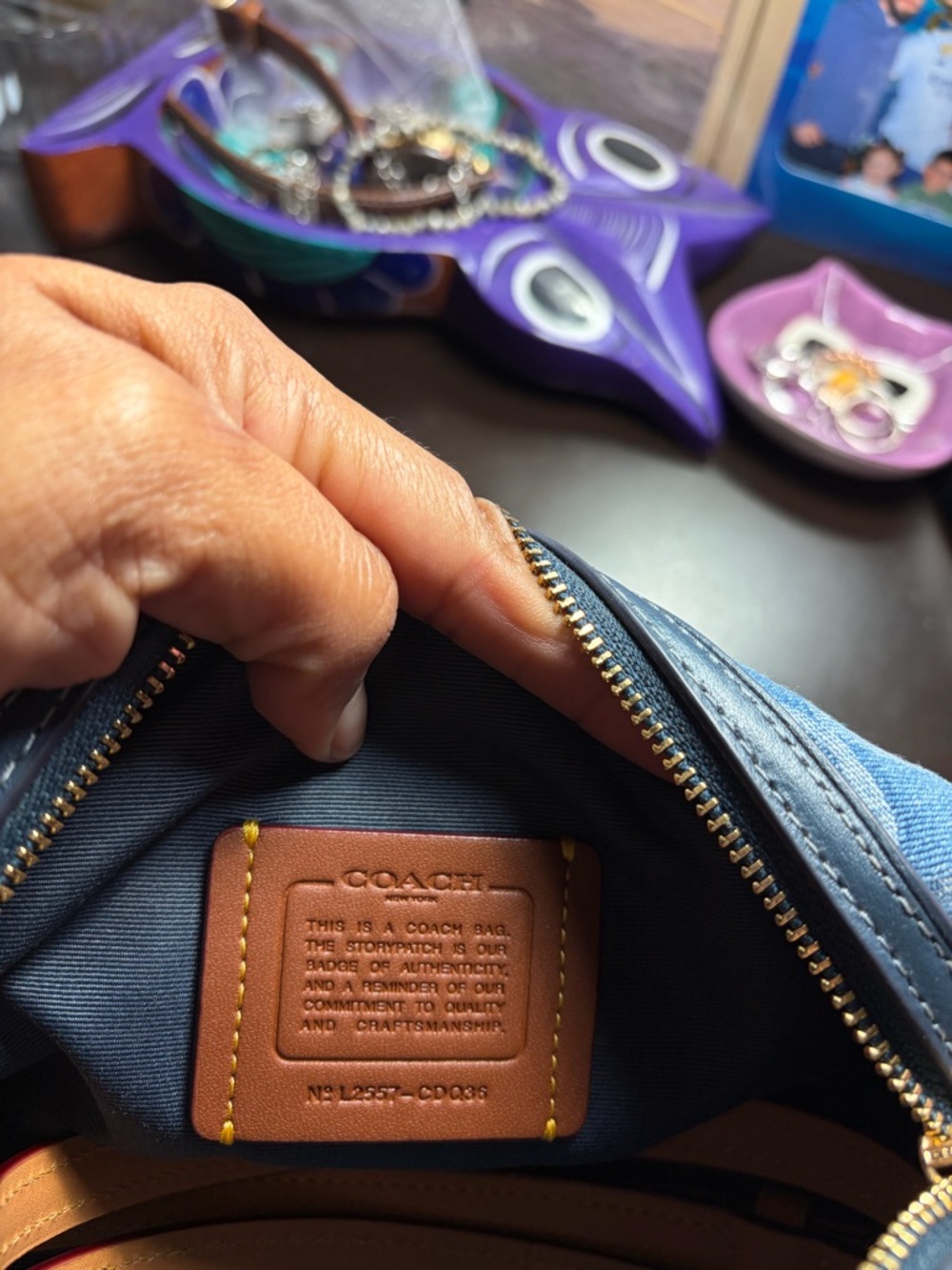 Coach Blue Denim Mini Rowan Satchel with Tan Leather Trim and Gold Hardware - Picture 2 of 7